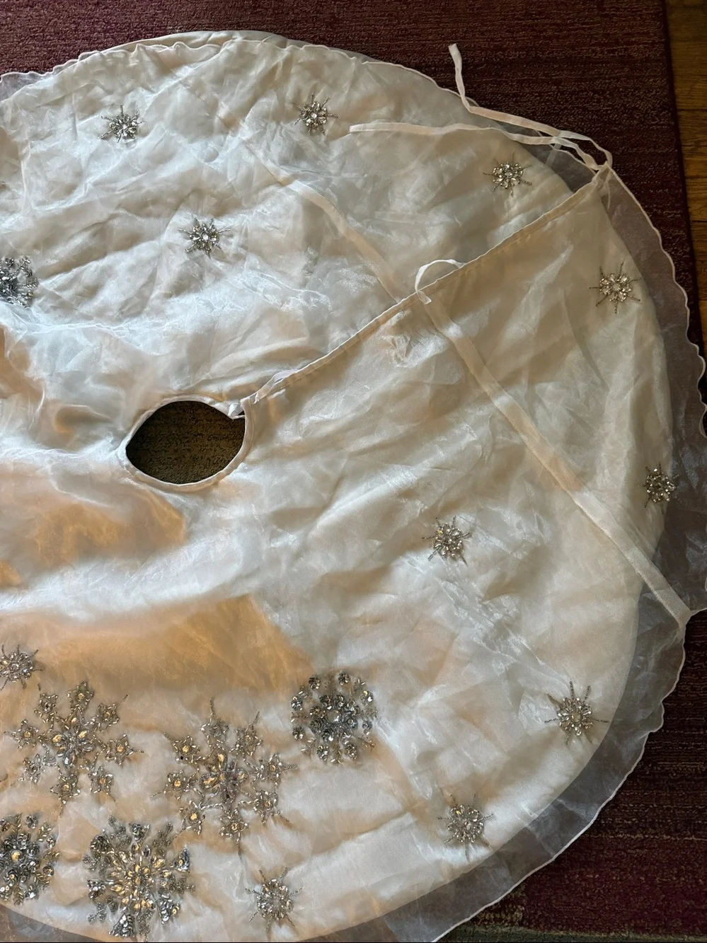 Pier 1 pale grey/silver Beaded Tulle Tree Skirt with Snowflake Embellishments